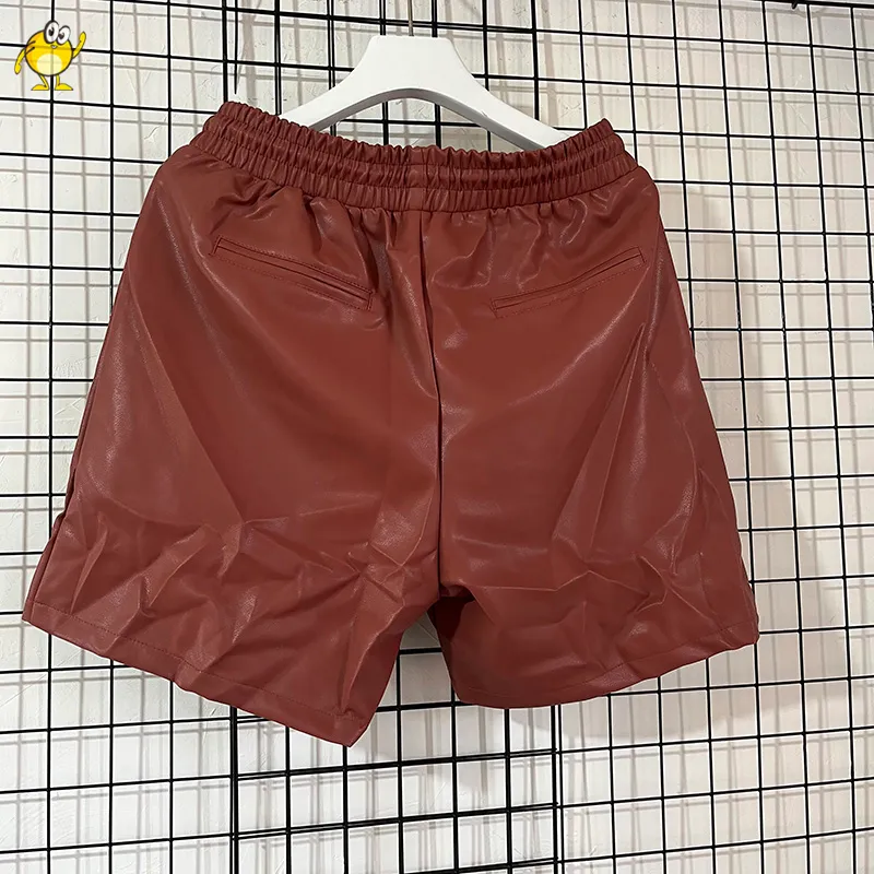 Unisex PU Leather Shorts with Letter Embroidery - Green, Black, Burgundy | Summer Streetwear