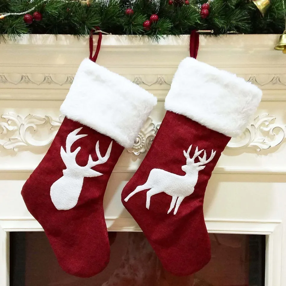 Christmas Stockings Socks Gifts Candy Bag Elk Xmas Tree Deer Printing Pocket Hanging Ornament