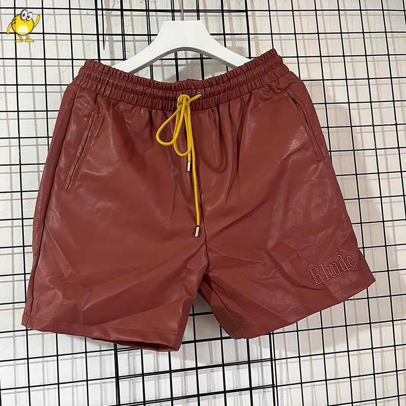 Unisex PU Leather Shorts with Letter Embroidery - Green, Black, Burgundy | Summer Streetwear