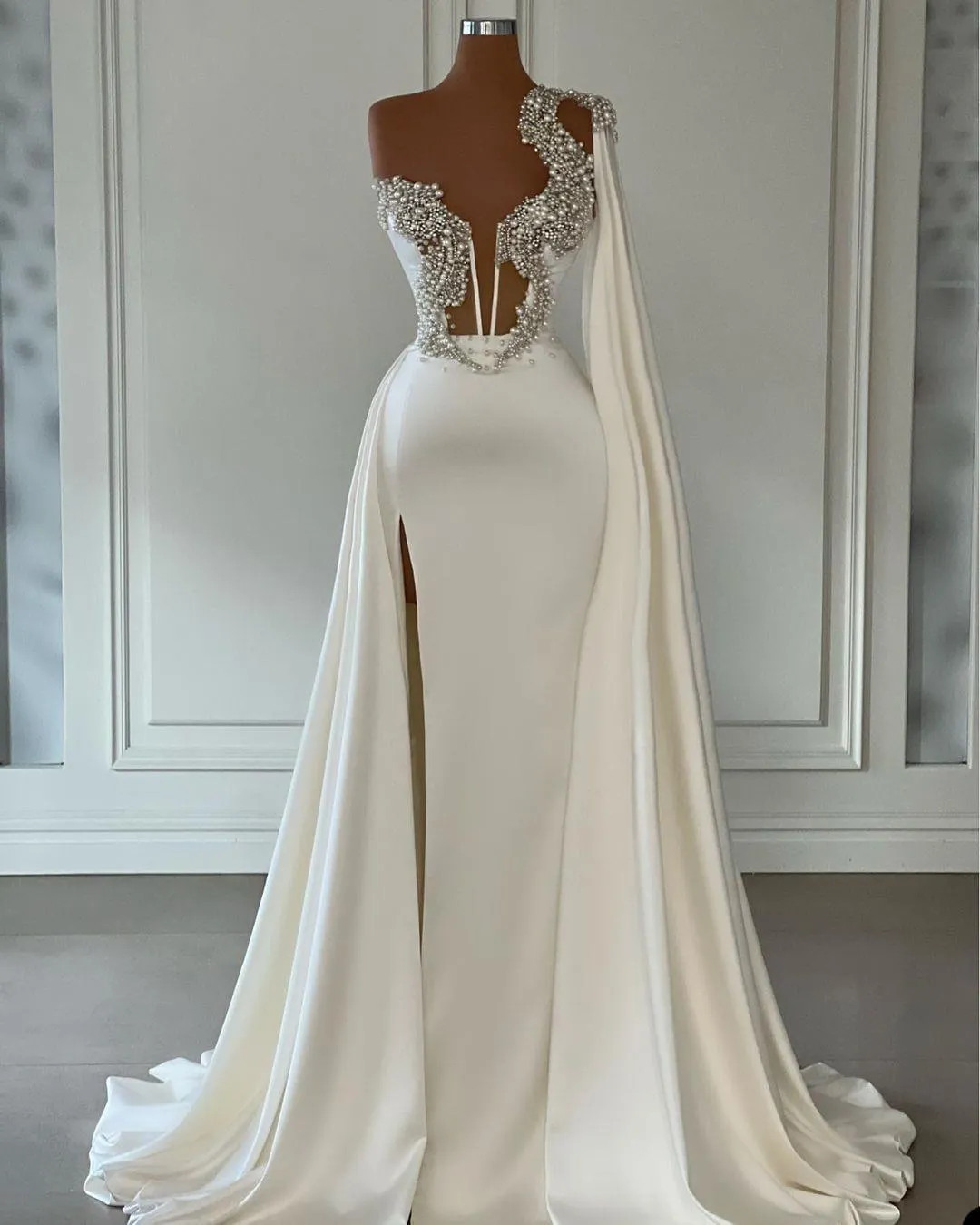 Unique Designer Pearls Beading Mermaid Wedding Dresses Dubai Arabic One Shoulder Long Wrap Peplum Bridal Gowns Elegant Satin Side Split Vestidos De Novia CL2589