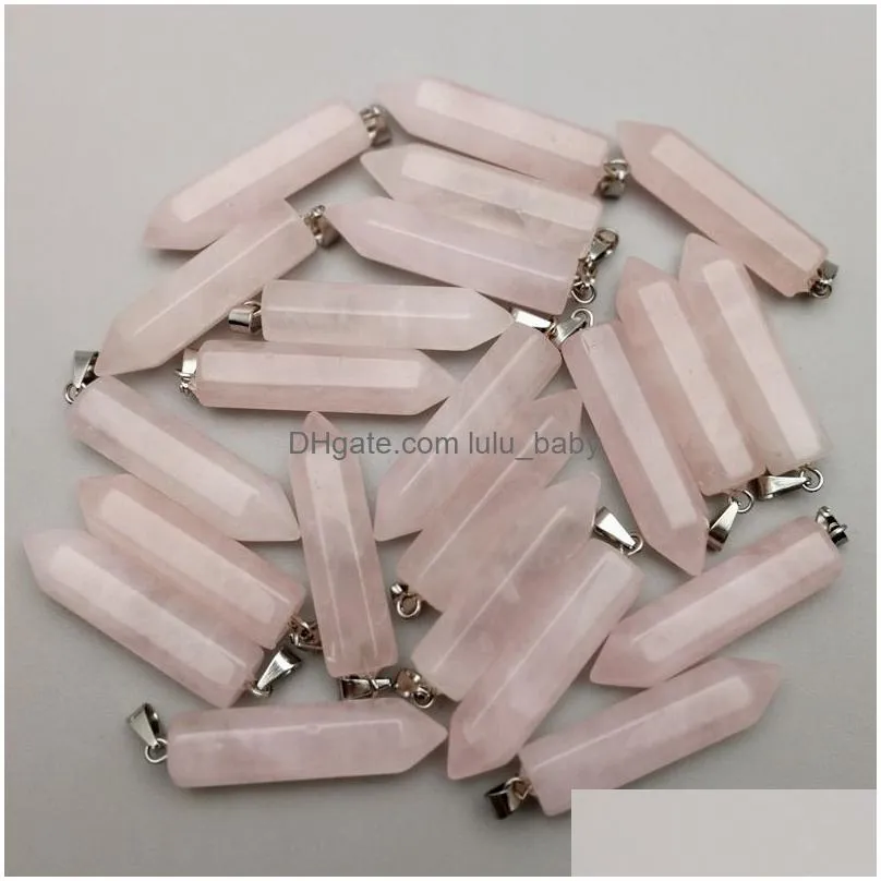natural stone water drop hexagonal prism pink pink quartz healing pendants charms diy necklae jewelry accessories making