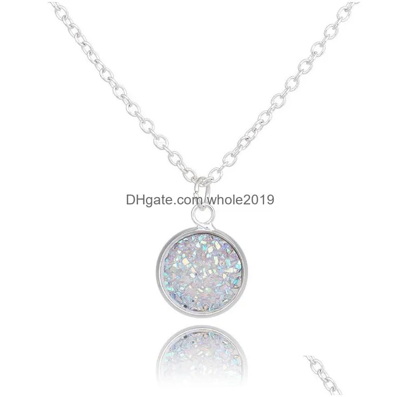 fashion drusy druzy necklace 12mm faux stone pendant necklaces gold plated rainbow sequins necklace for women lady jewelry