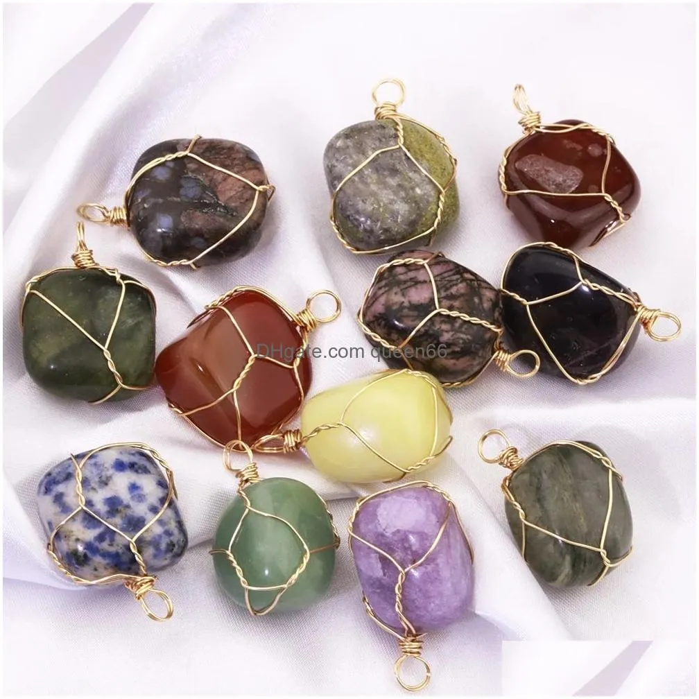 irregular natural rough stone pendants charms silver winding wire wrap charm for jewelry making necklace bracelet raw quartzs mineral