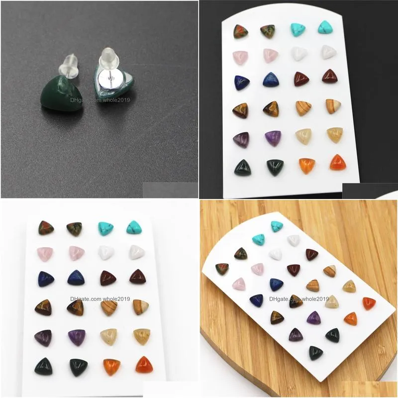 new simple trendy geometric 10x10mm natural stone rose quartz stud earrings triangle mix color for women fashion cute small wholesale
