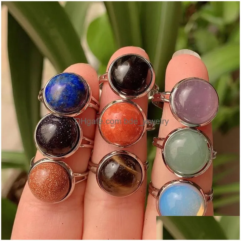 12mm natural stone rings silver gold color open adjustable turquoise amethysts pink quartz crystal women ring party wedding