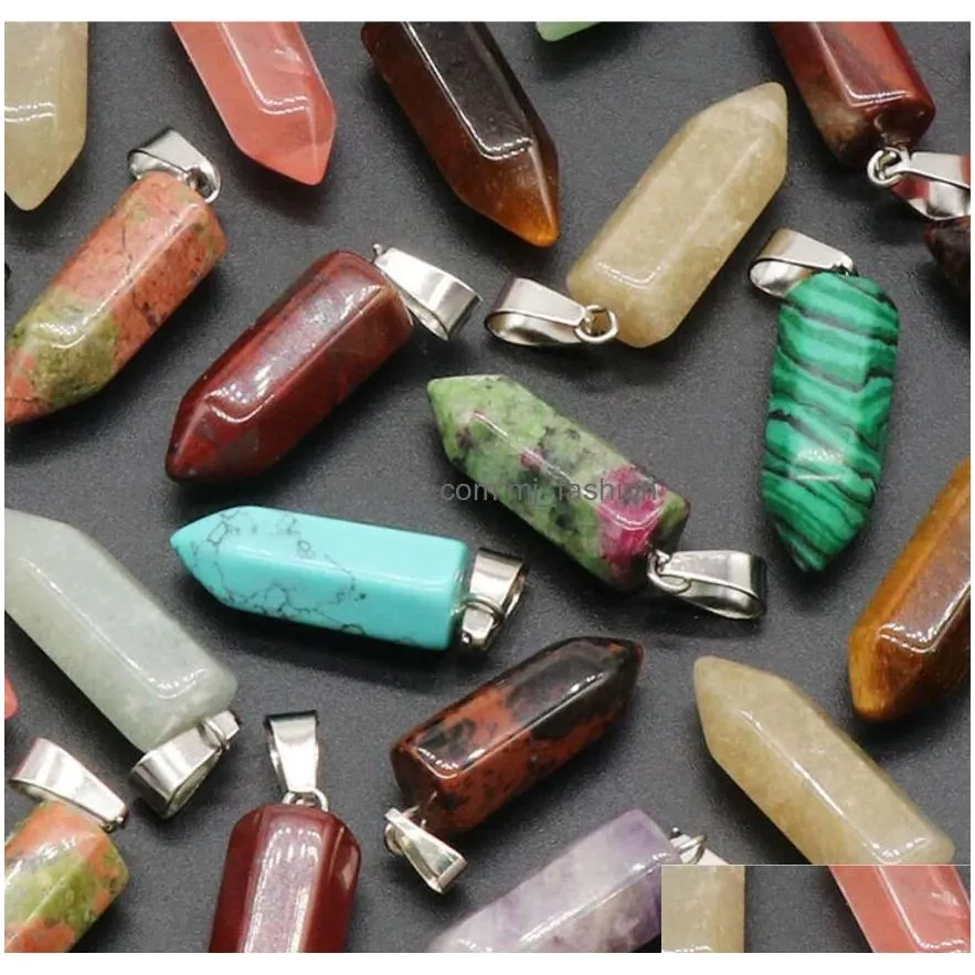 natural stone hexagon column charms quartz crystal chakra reiki healing pendant for diy necklace earrings accessories