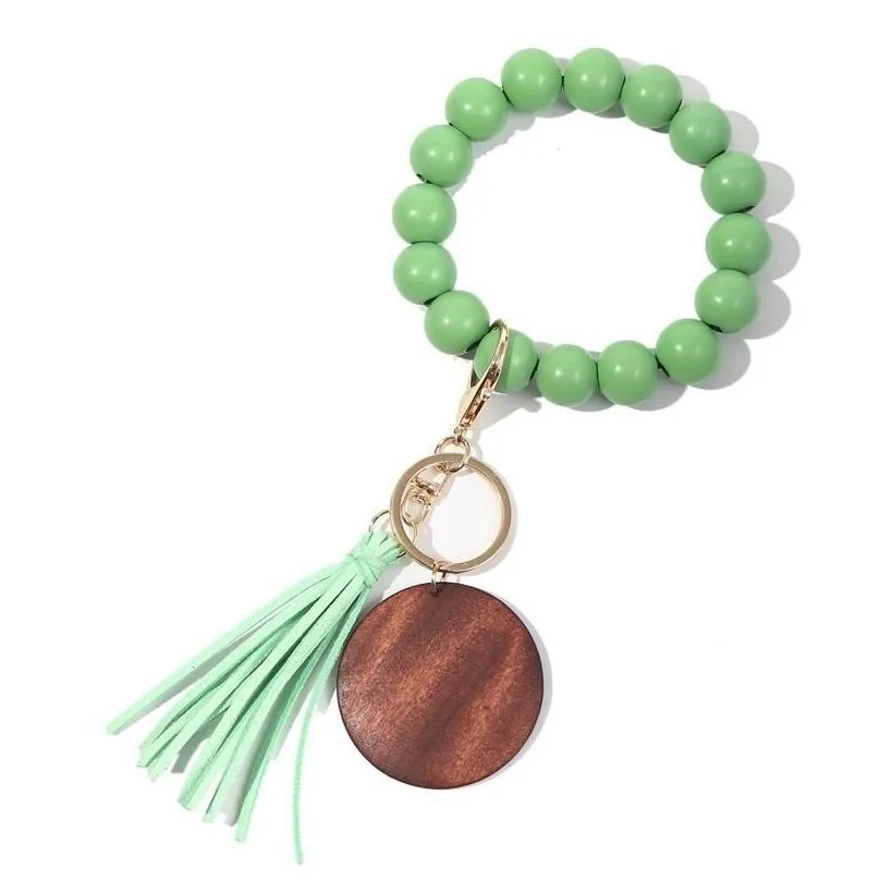 11 colors wooden bracelet keychain with tassels keys diy wood fiber pandent woodwooden bead bangle key decorate fashion