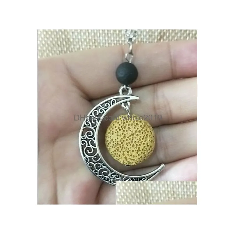 fashion silver color round lava stone moon necklace volcanic rock aromatherapy essential oil diffuser necklace for women jewelry