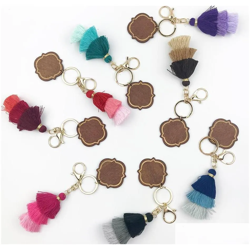 personalized wooden keychain party favor three-layer cotton tassel and chip pendant key ring multicolor fy3881