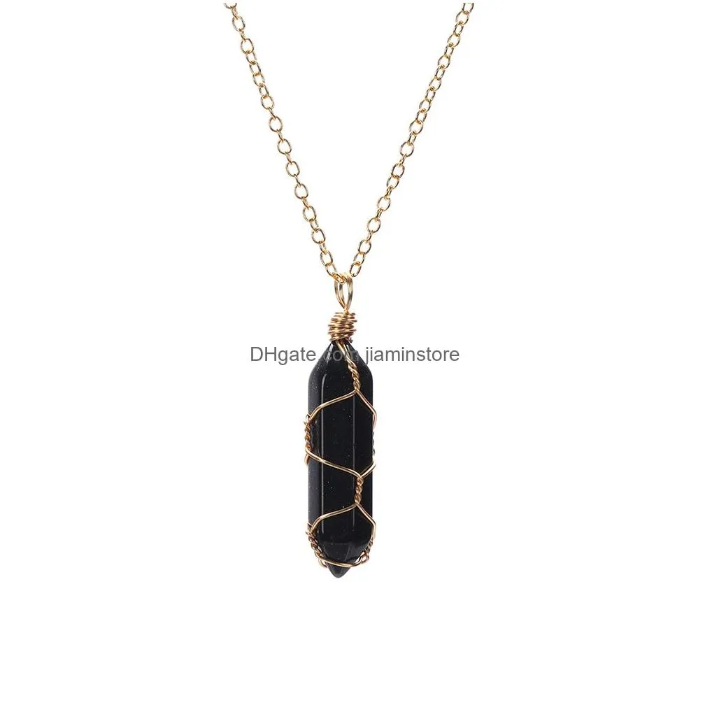 hexagonal cylindrical crystal necklace natural stone pendant wire wrap stone necklace for women men jewelry