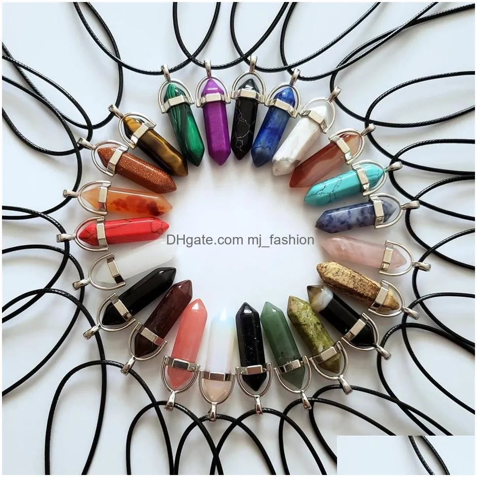 mixed natural stone crystal pillar charms chakra pendulum pendant necklace for woman leather chains jewelr