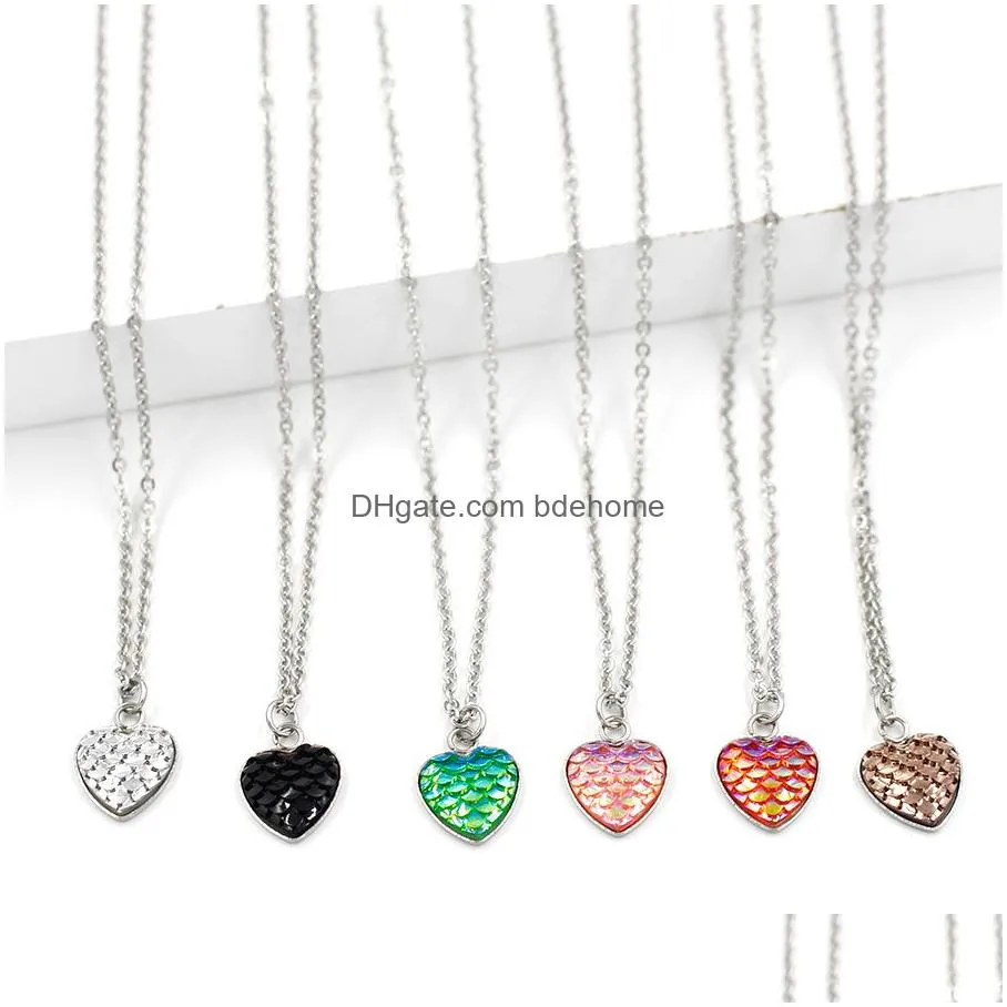 fashion 12mm druzy drusy necklace stainless steel heart love fish scale necklace iridescent shimmery mermaid scale necklace