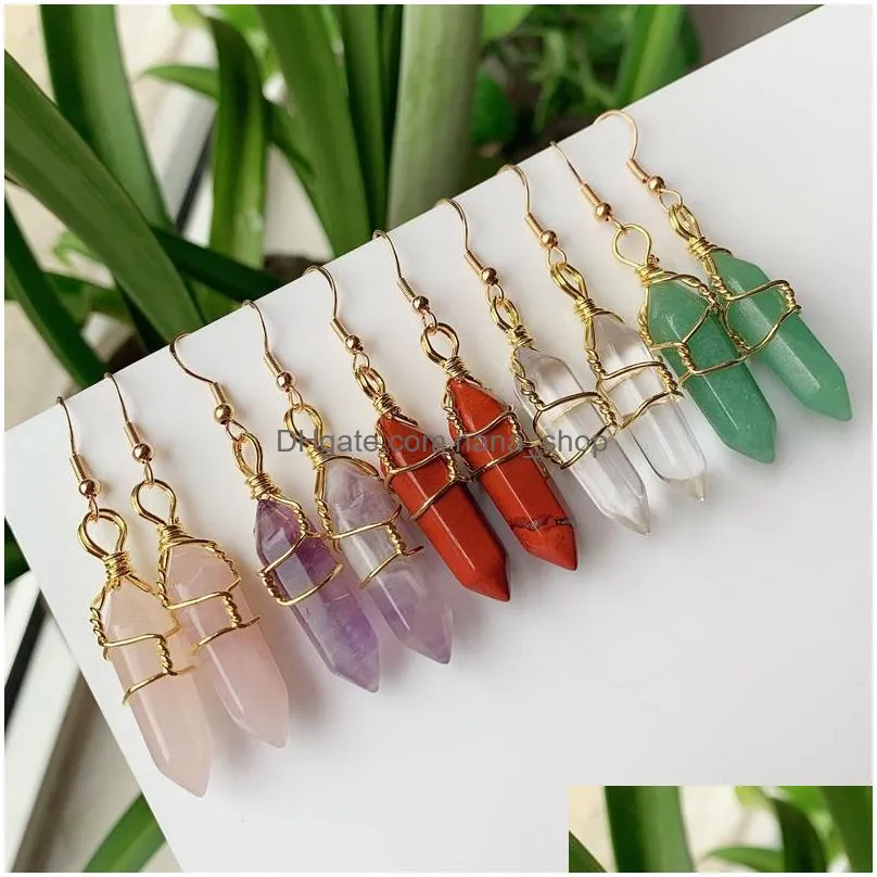 natural stone dangles earrings wire wrap hexagonal point bullet drop pendulum amethysts quartz purple healing crystal earring