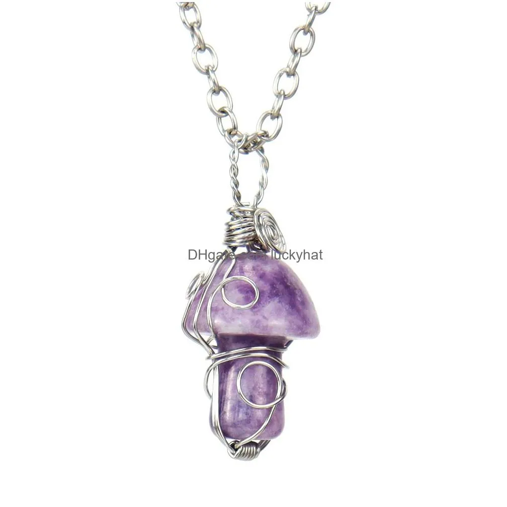 natural stone handmade wire wrapped healing mushroom crystal necklace for women men necklace