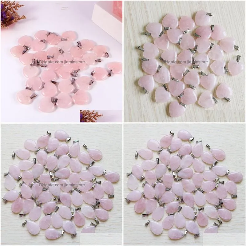 rose quartzs crystal necklace natural stone water drop heart pendants fashion beads 20mm for diy jewelry making gemstones