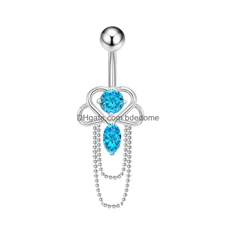 bell button rings for women blue white zircon crystal chain tassel dangling stainless steel crystal navel ring