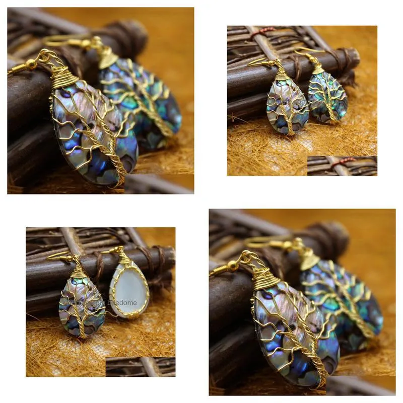 tree of life earring dangle golden wire wrapped teardrop abalone paua shell organic cabochon 5 pairs