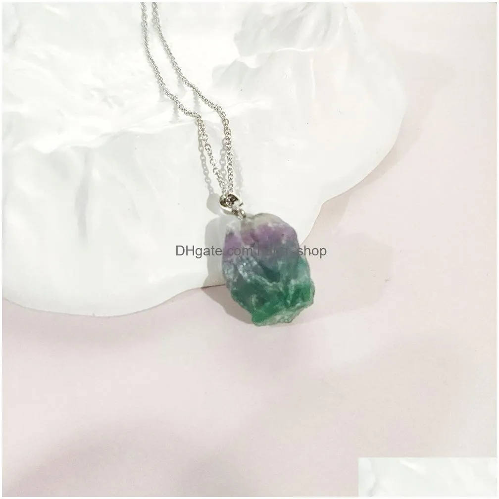 irregular natural raw stone necklace fluorite amethysts pendant necklace reiki energy necklace for women jewelry