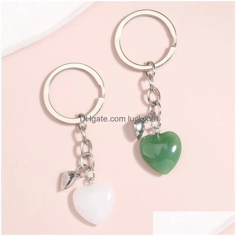 new design keychain natural crystal quartz stone heart key ring magnetic button key chains for couple friend gifts diy jewelry