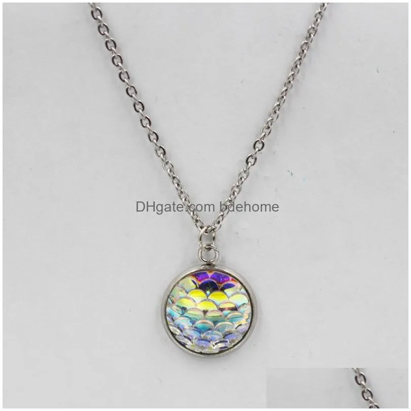 fashion drusy druzy necklaces 16mm mermaid scale pendant stainless steel necklace silver plated fish scale for women lady jewelry