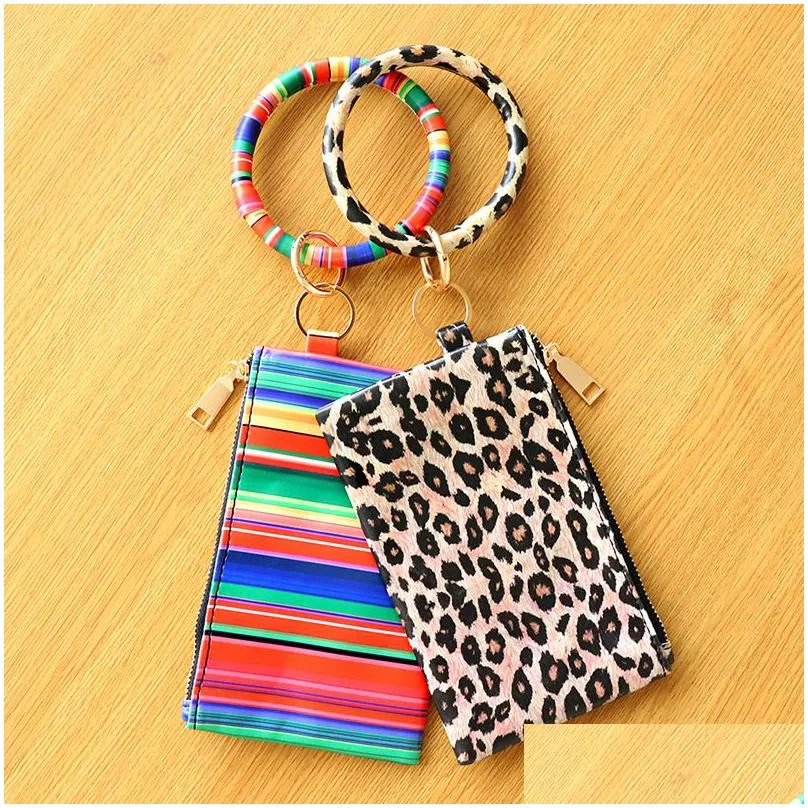 pu bracelet keychain leather wrist key ring round leopard wallet bracelets handbag pendant purse lady clutch bag coin purse makeup bag