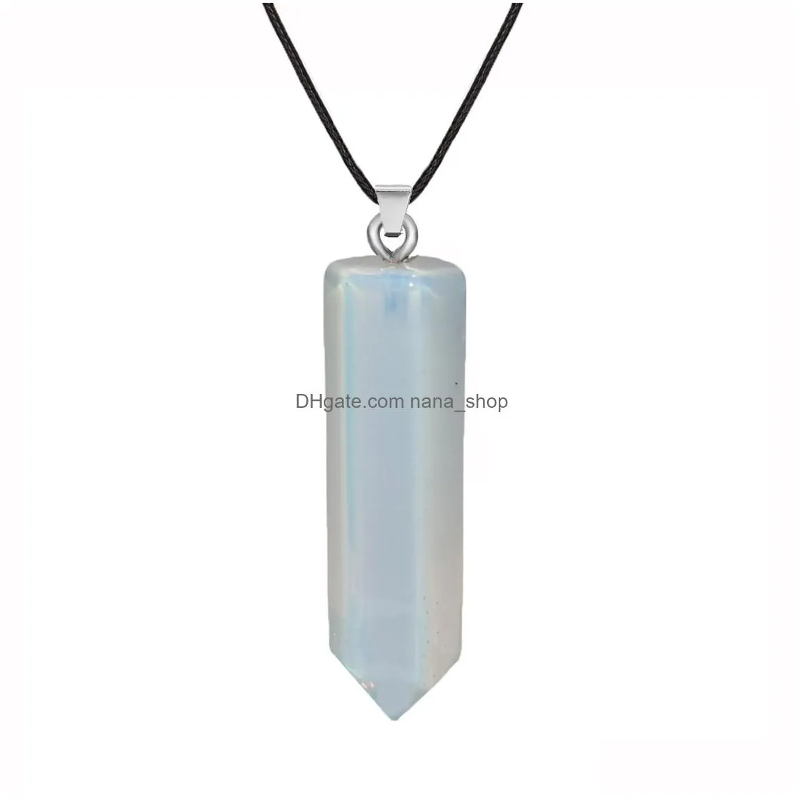 natural stone pillar pendant necklace pink crystal hexagonal opal amthyst charms pu chain necklaces for women jewelry