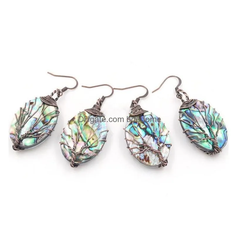 antique copper wire wrapped handmade tree of life dangle earrings with oval abalone paua shell 5 pairs