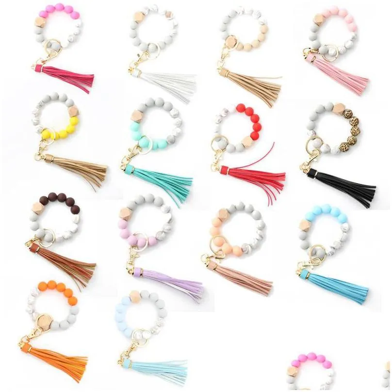 silicone keychain for keys tassel wood beads bracelet keyring women accessories multicolor handbag pendant jewelry wholesale