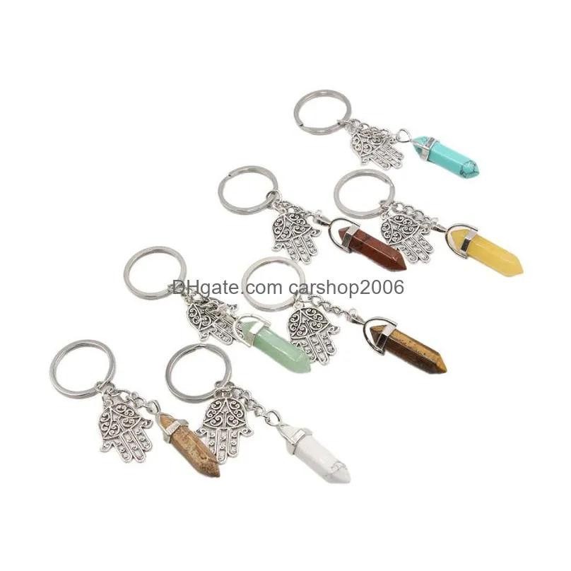 natural stone crystal hand key ring handbag holder hexagonal column palm amulet agates tiger eye opal pink quartz key chain