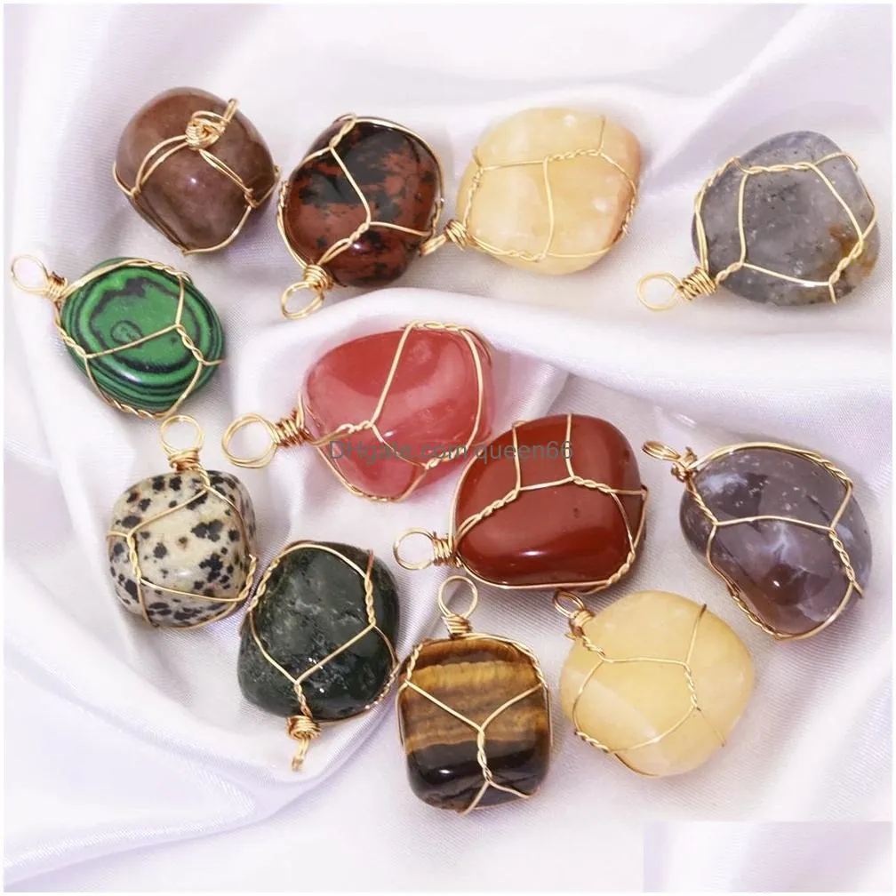 irregular natural rough stone pendants charms silver winding wire wrap charm for jewelry making necklace bracelet raw quartzs mineral