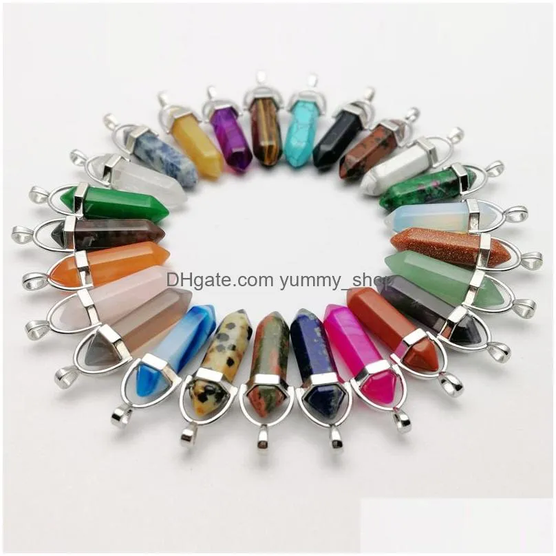 natural stone hexagon prism charms rose quartz tigers eye opal pendants crystal pendants clear chakras gem stone fit earrings necklace making