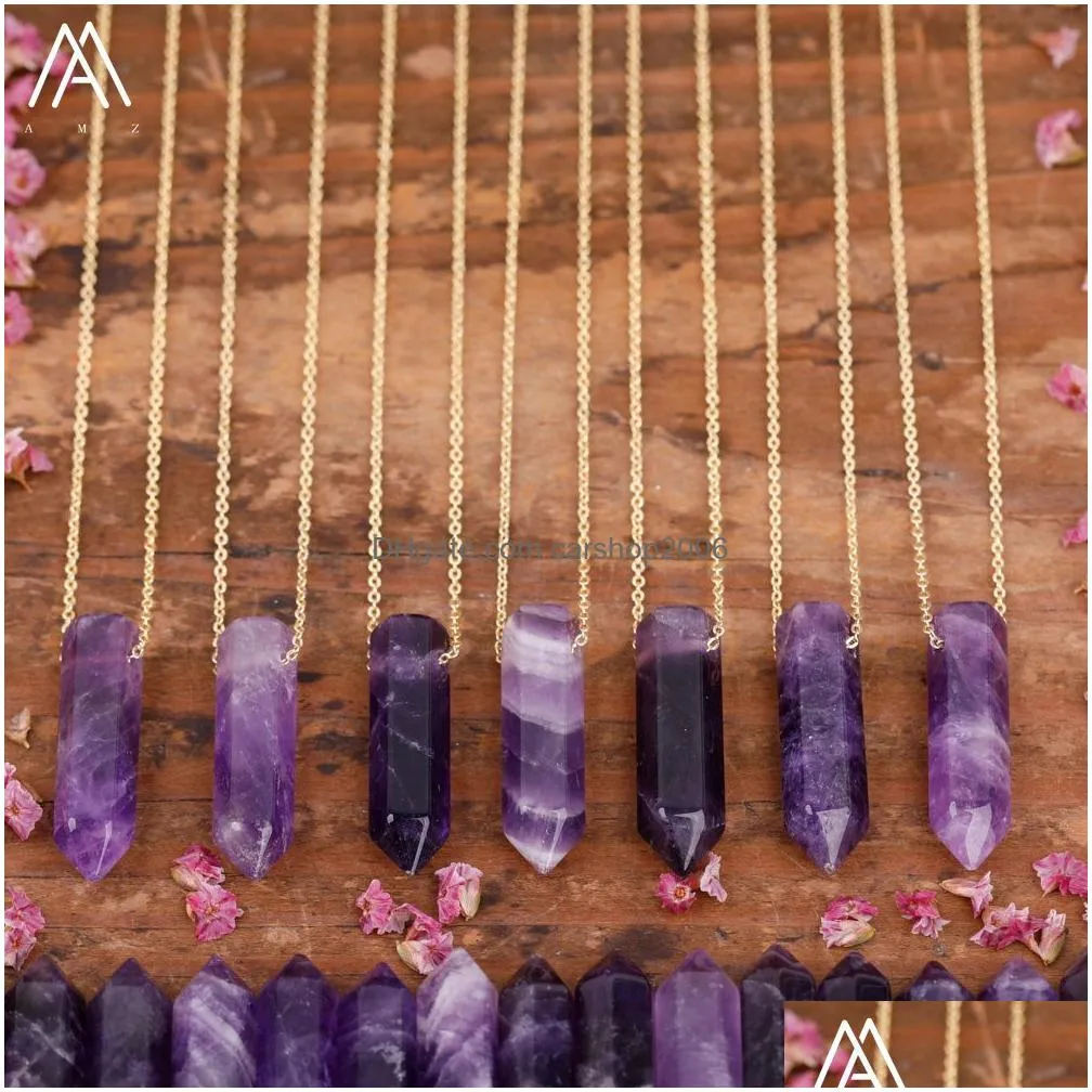 natural stone hexagonal prism pendant necklace rose quartz opal amthyst healing crystal chakra charms necklaces for women jewelry