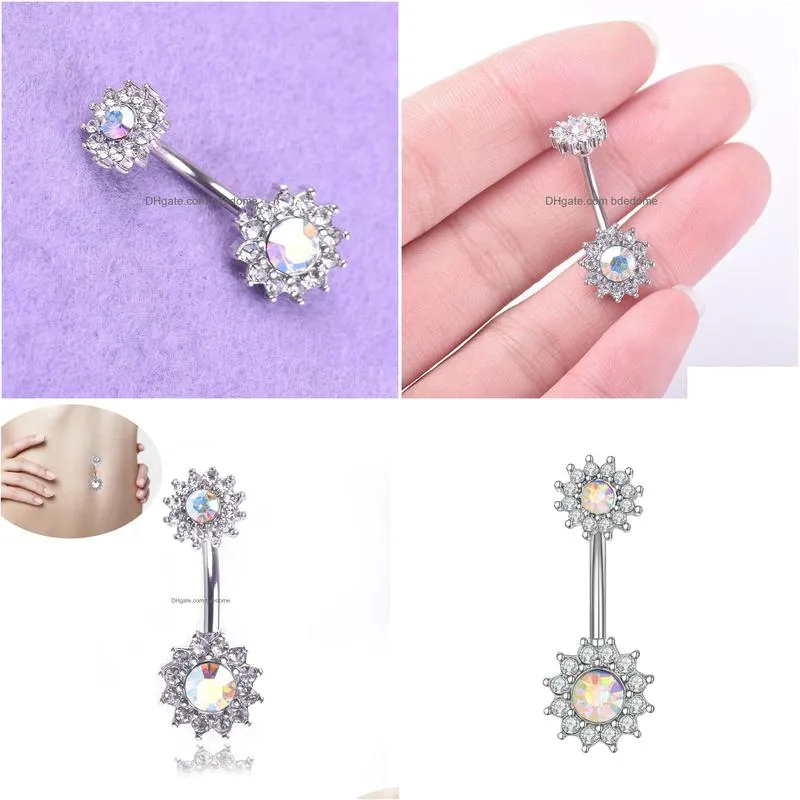 navel bell button rings piercing for women colorful silver color zircon crystal flower surgical steel summer beach fashion body