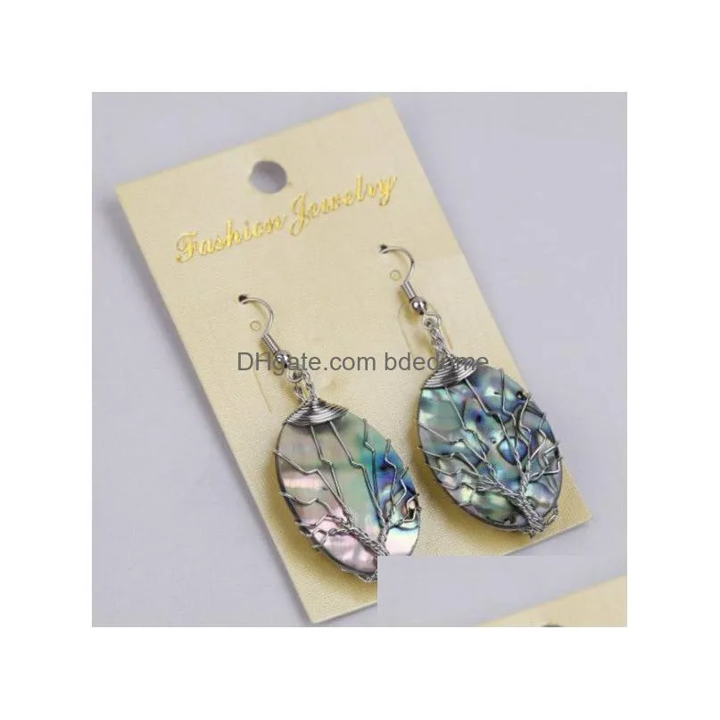 tree of life earring dangle silvery wire wrapped oval abalone paua shell organic cabochon 5 pairs