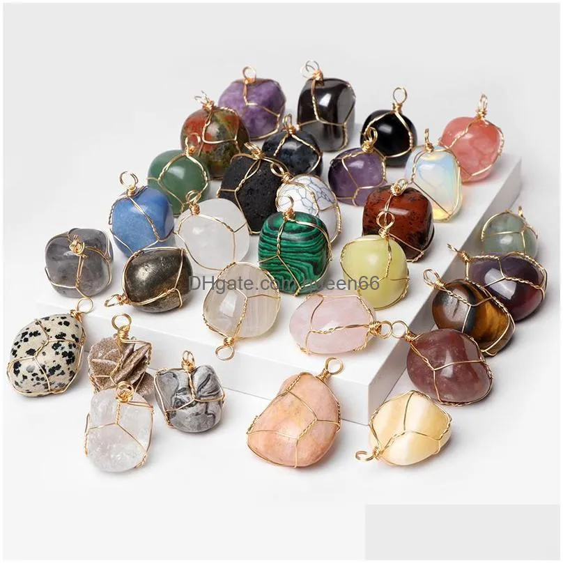 irregular natural rough stone pendants charms silver winding wire wrap charm for jewelry making necklace bracelet raw quartzs mineral