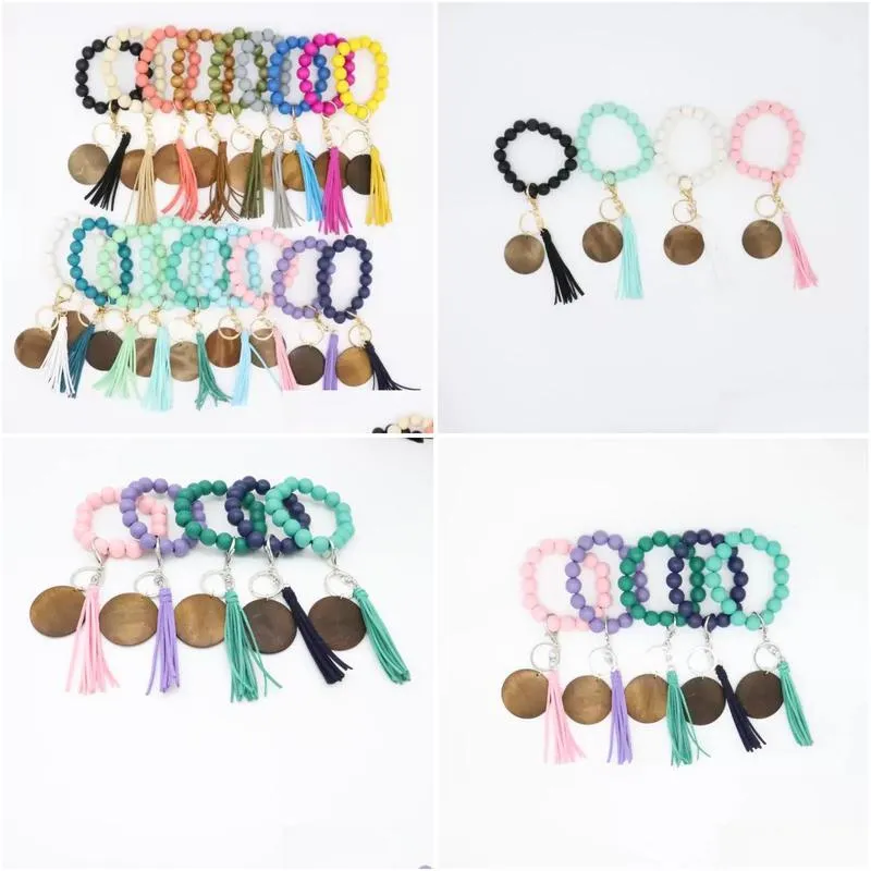 new cross-border beaded wooden bead keychain fashion personality disc tassel bracelet key ring female wholesale