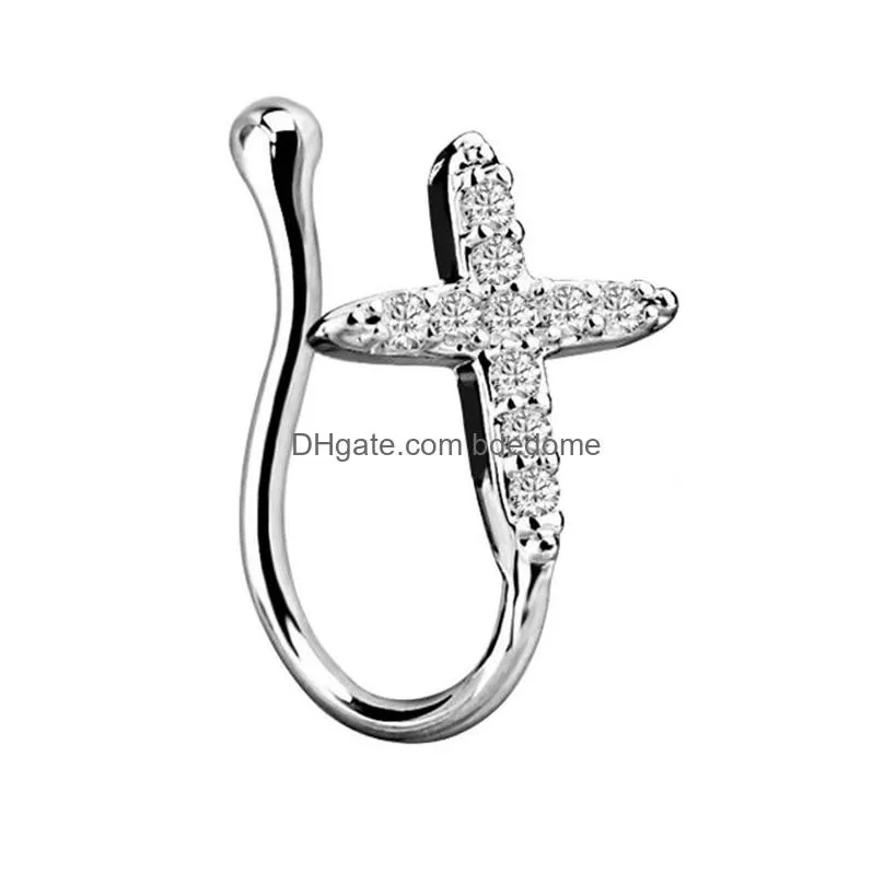 nose clips rings studs hoops for women non-piercing body jewlery cross rose silver u shape stainless steel gold color with diamond wholesale 2023