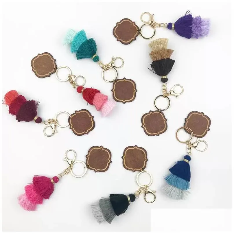 personalized wooden keychain party favor three-layer cotton tassel and chip pendant key ring multicolor wht0228