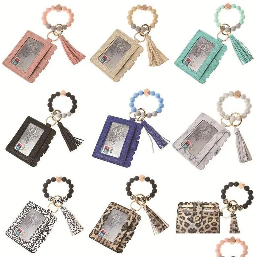 leather bracelet wallet keychain tassels bangle key ring holder card bag silicone beaded wristlet keychains wht0228