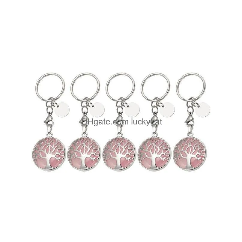 natural pink quartz aventurine gem stone tree of life keychain key ring healing amethyst crystal key chain jewelry