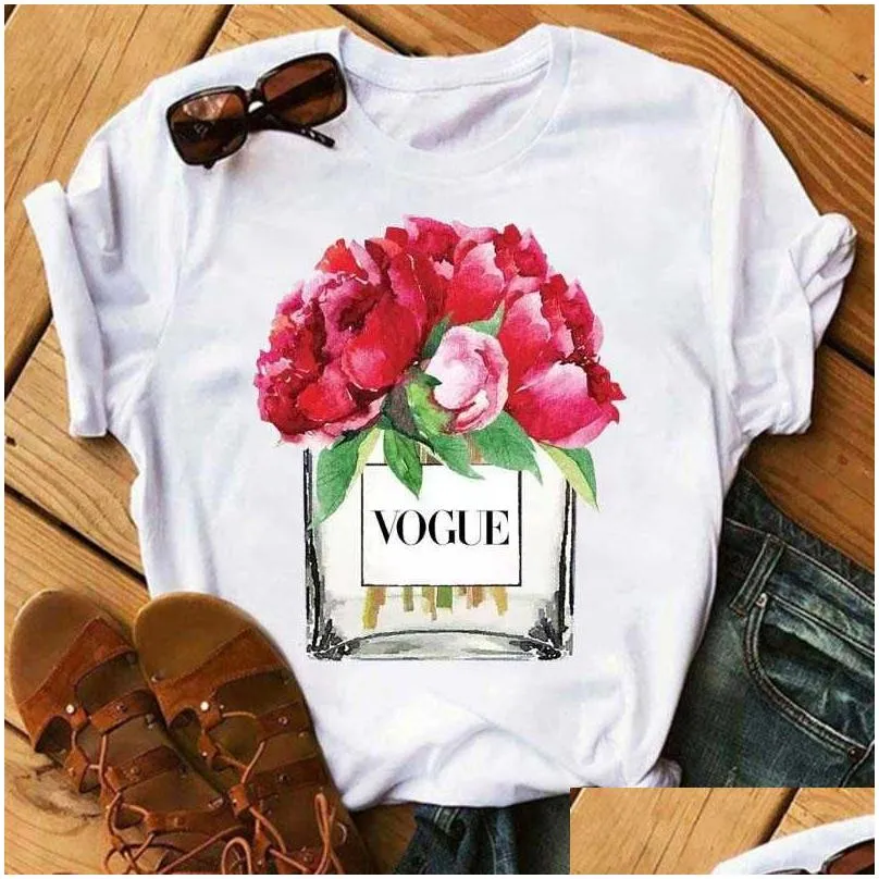 women clothes print flower perfume bottle sweet short sleeve tshirt printed women shirt t female t-shirt top casual woman tee x0527