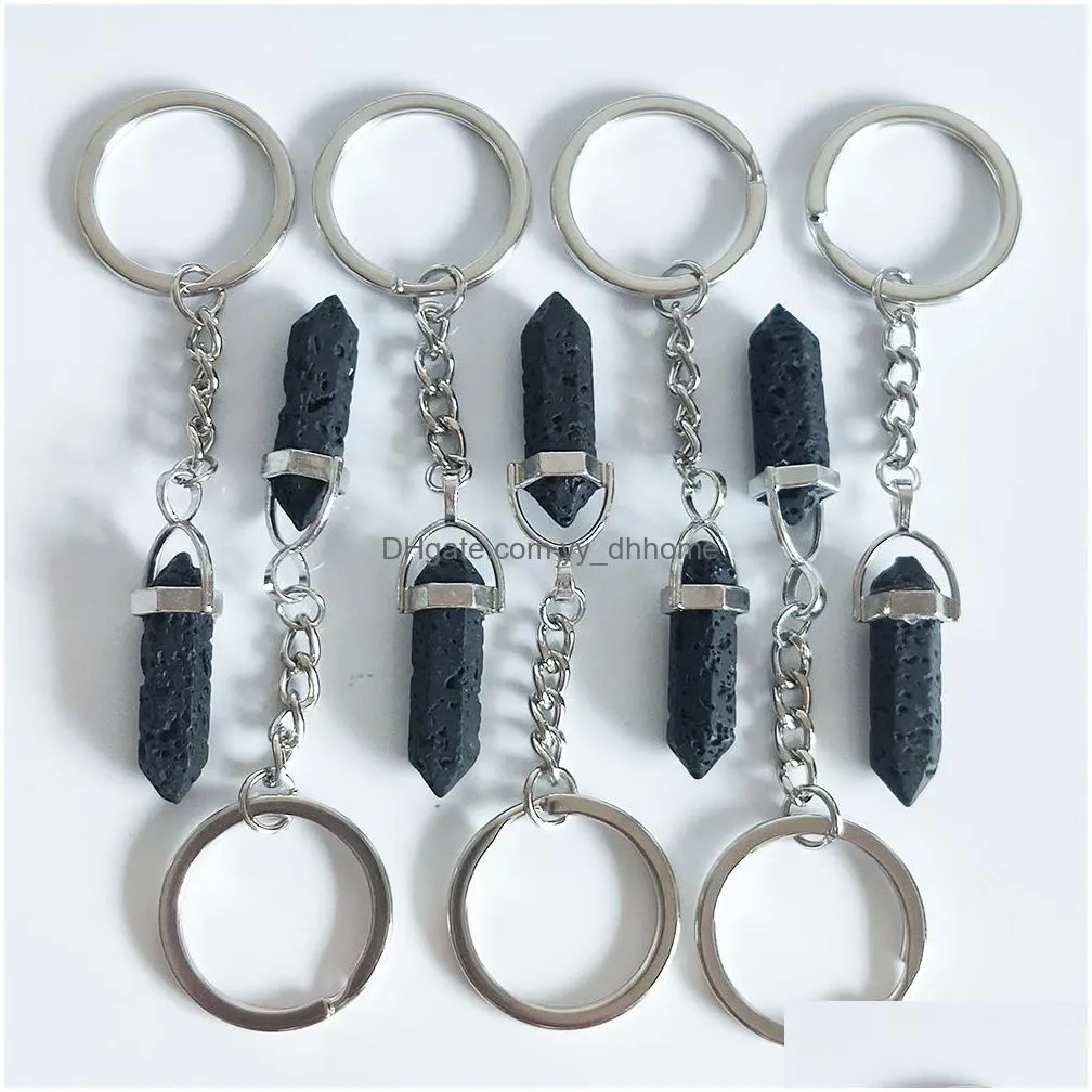 black lava stone hexagonal prism key rings keychains car decor key chain keyholder for women men