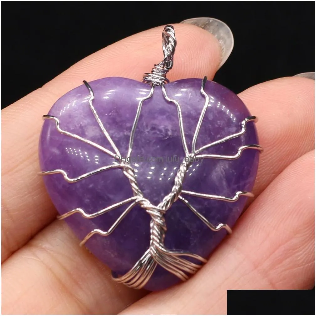 30x38mm natural stone rose quartz tigers eye amethyst opal tree of life heart pendant charms diy necklace jewelry making
