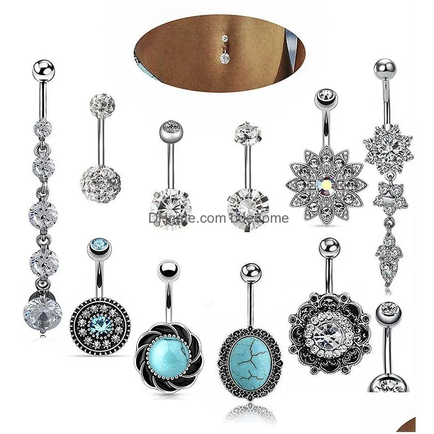 11pcs/set navel bell button rings piercing for women green resin stone zircon surgical steel summer beach fashion body jewelry