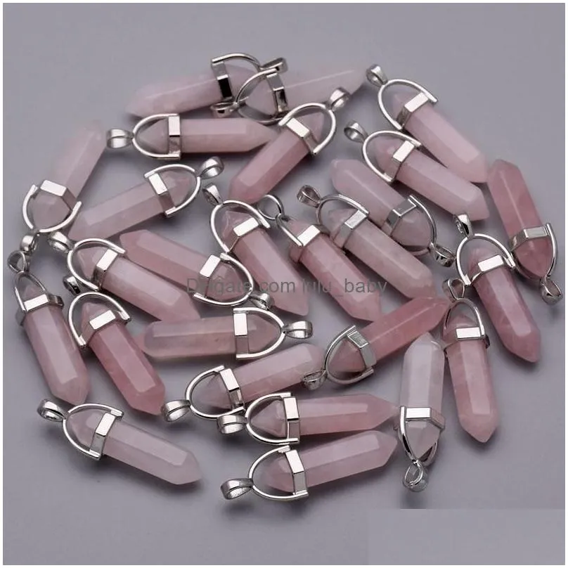 natural stone water drop hexagonal prism pink pink quartz healing pendants charms diy necklae jewelry accessories making