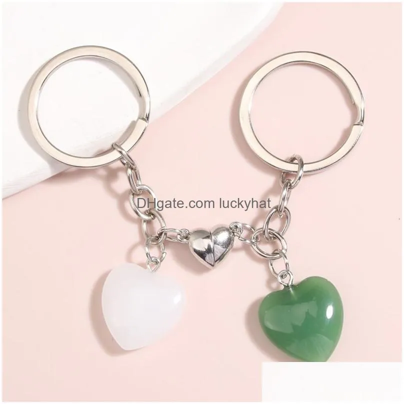 new design keychain natural crystal quartz stone heart key ring magnetic button key chains for couple friend gifts diy jewelry