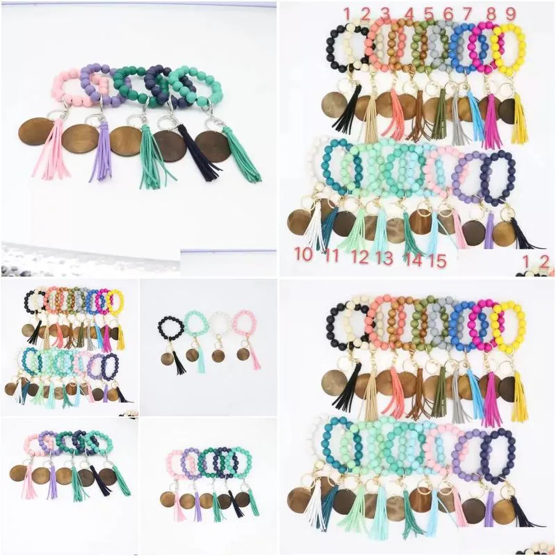 new cross-border beaded wooden bead keychain fashion personality disc tassel bracelet key ring female wholesale