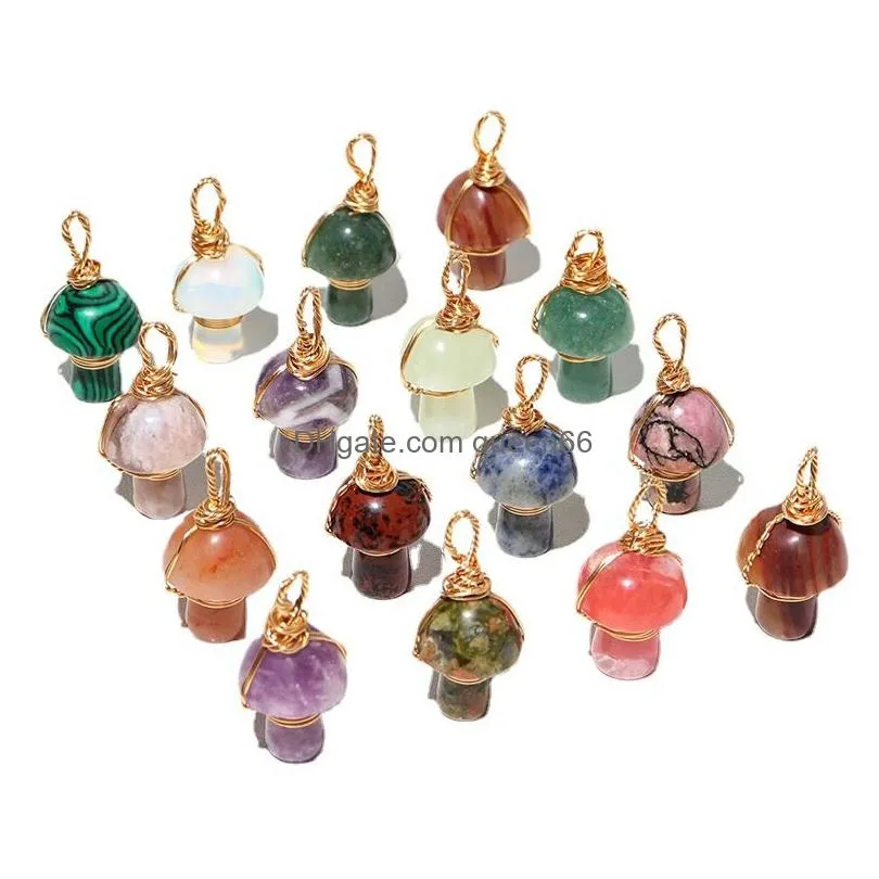 natural crystal stone 2cm mushroom statue carving charms reiki healing gold wire wrap pendant for necklace jewelry making