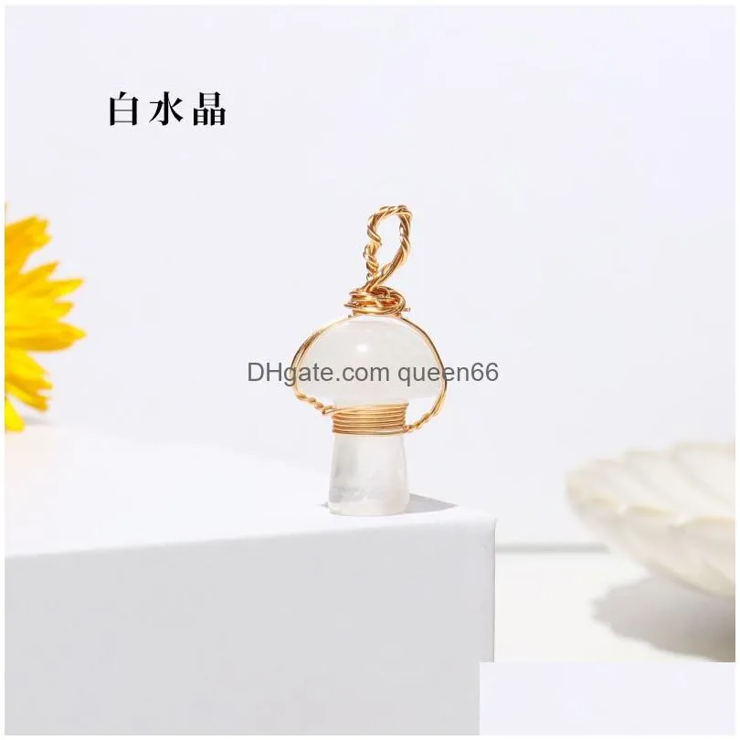 natural crystal stone 2cm mushroom statue carving charms reiki healing gold wire wrap pendant for necklace jewelry making