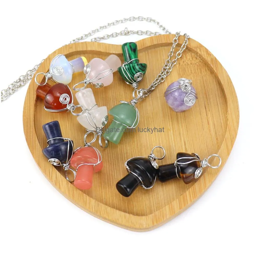 natural stone wire wrap carving 2cm mushroom pendant reiki healing crystal tiger eye quartz aventurines necklace for women jewelry